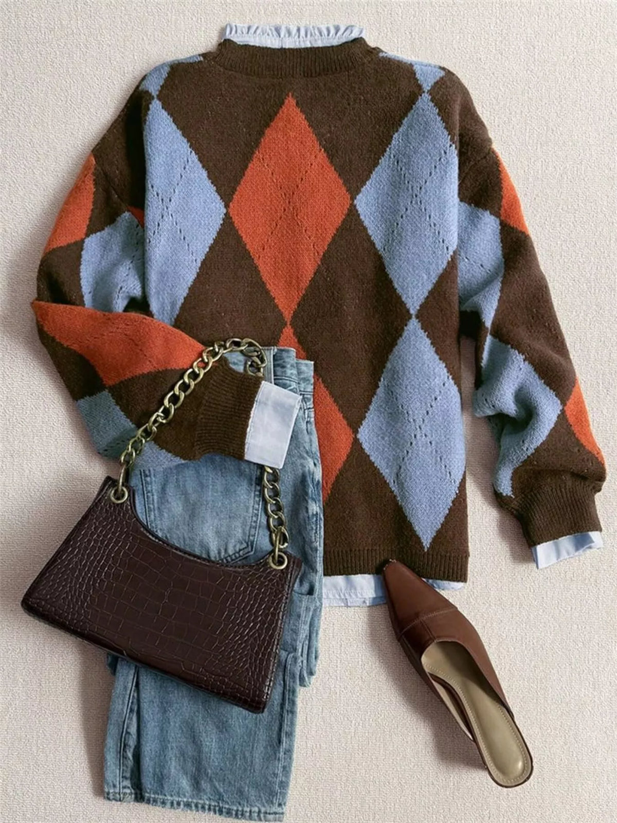 vintage argyle round neck sweater back view