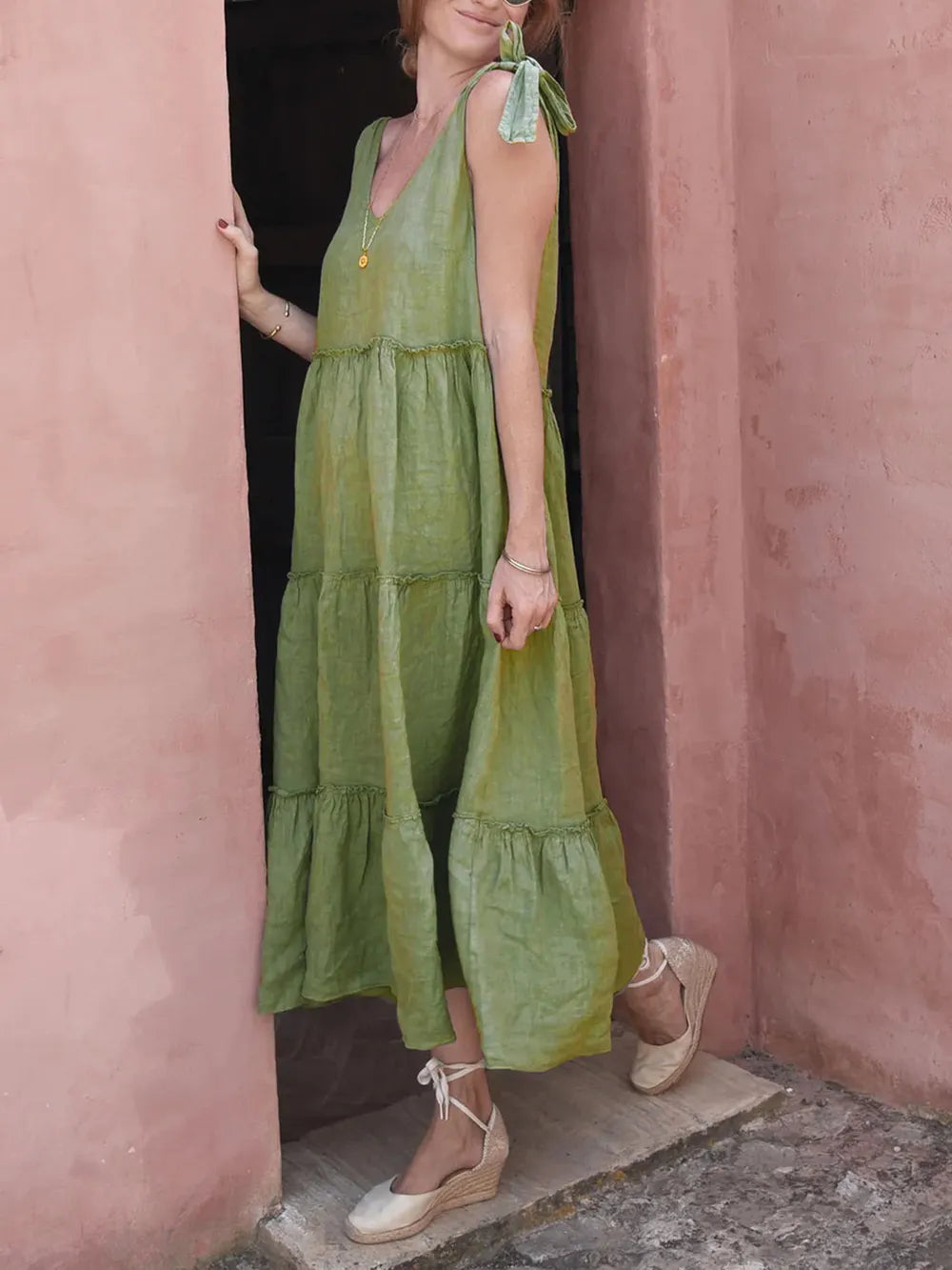 Green tiered frill v neck sleeveless dress back view