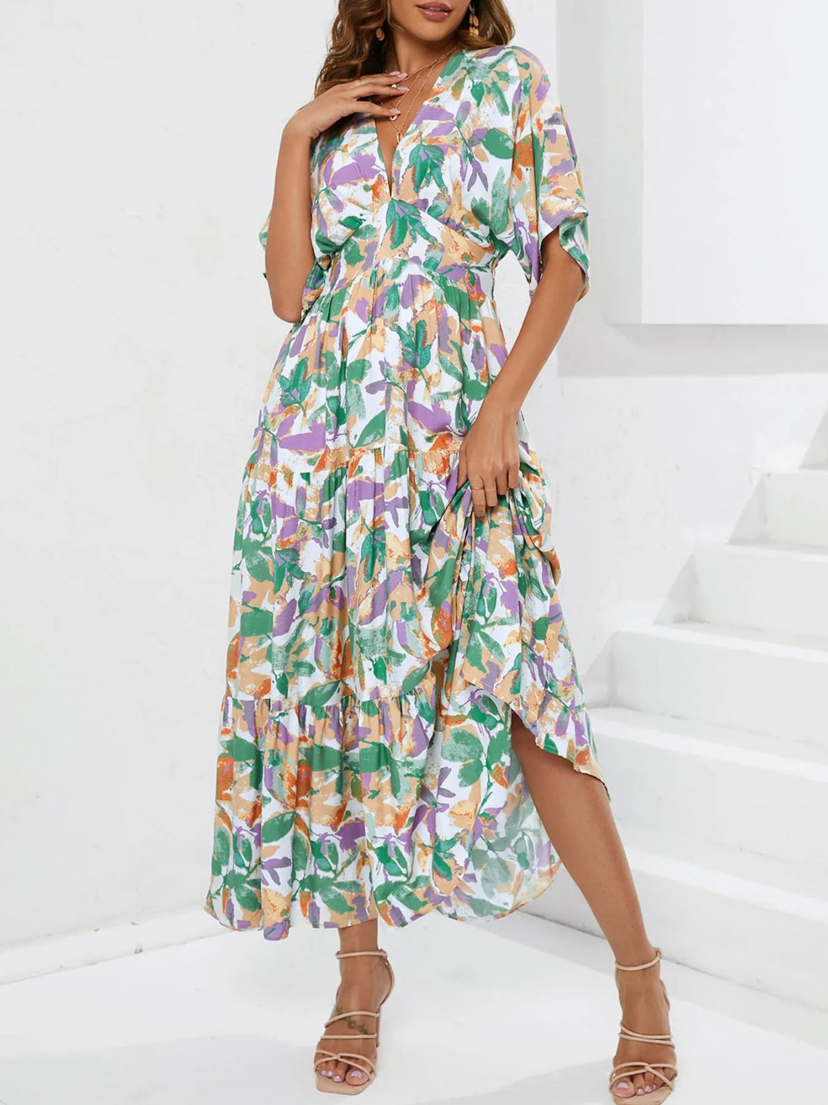 V-neck boho midi dress back view