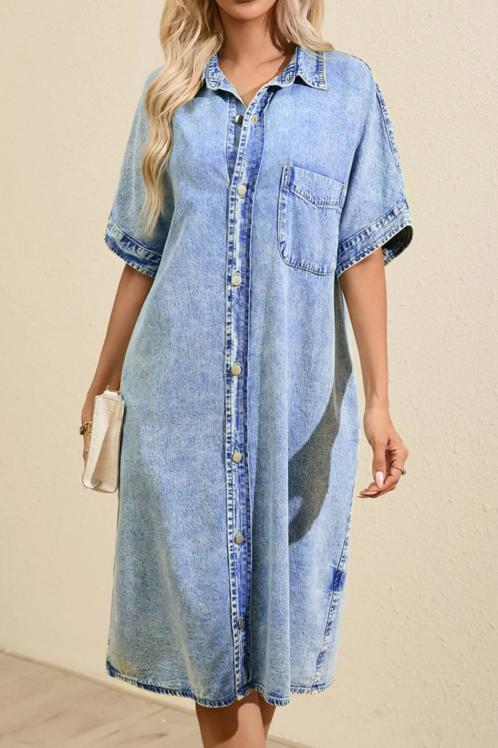 Oversized Button Down Denim Shirt Dress - Fashorio