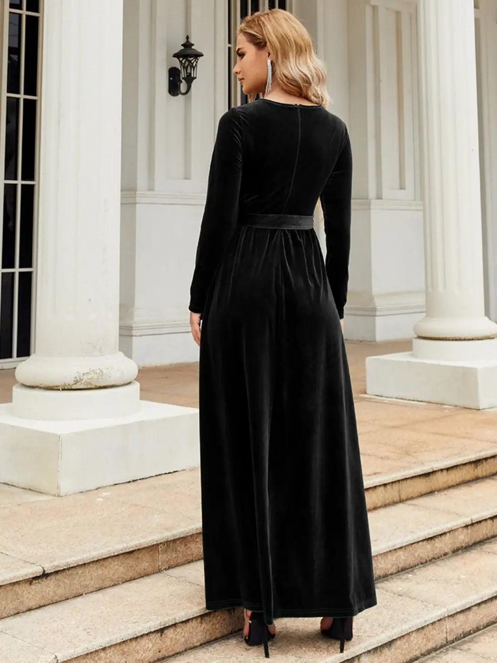 tie front long sleeve maxi dress fabric and detail close up