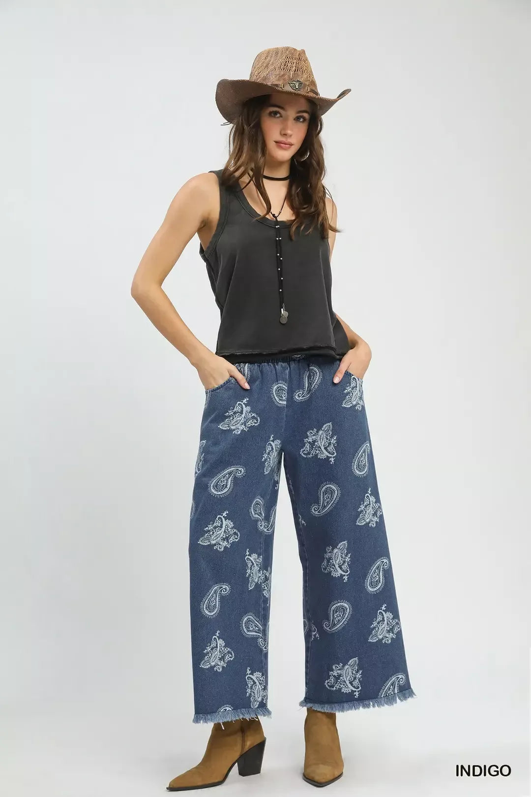 Paisley print wide leg denim pants frayed hem detail
