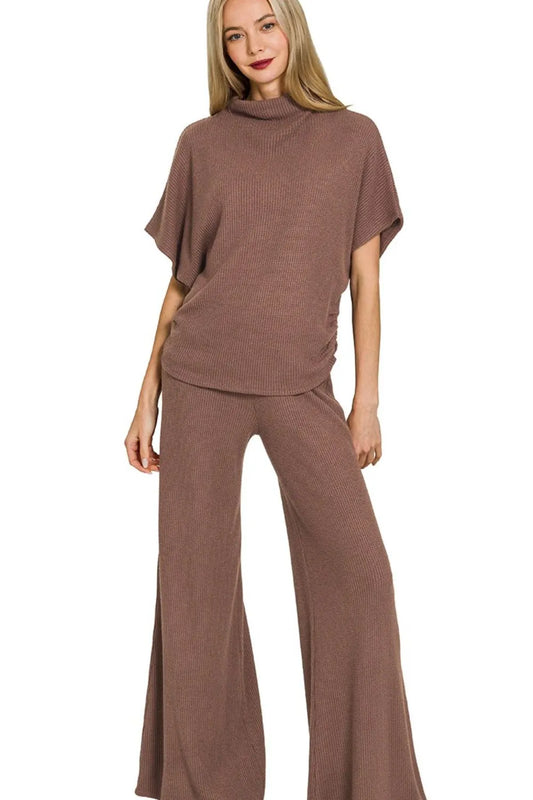 Zenana Sweater Mock Neck Top & Long Pants Set BROWN - Fashorio
