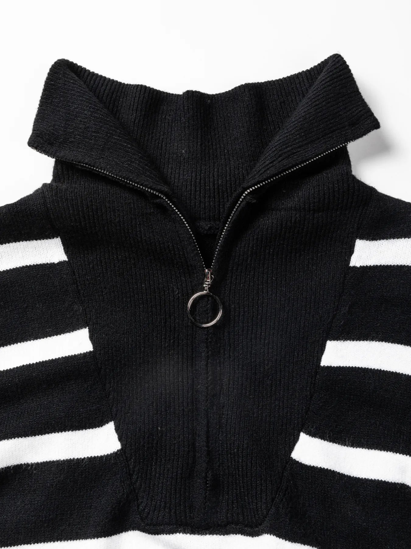 Striped O-ring Zip Collared Loose Sweater Mini Dress - Fashorio