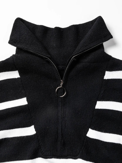Striped O-ring Zip Collared Loose Sweater Mini Dress - Fashorio