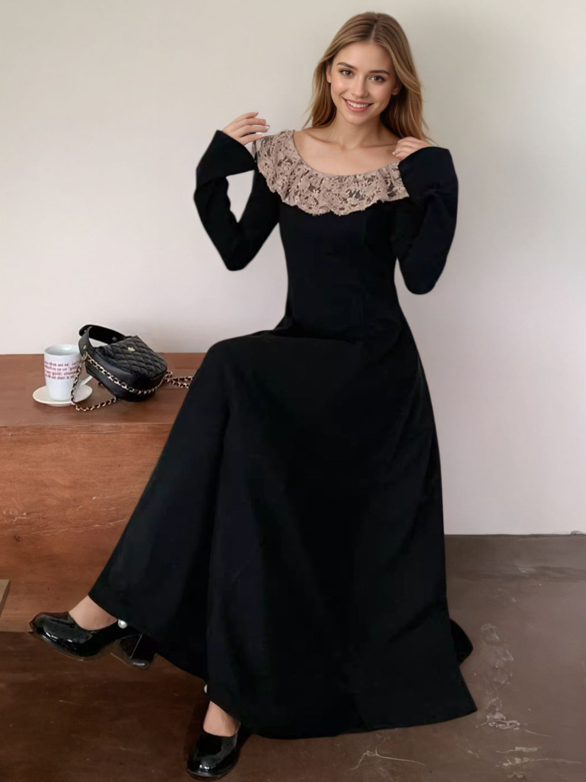 lace collar long sleeve dress back view