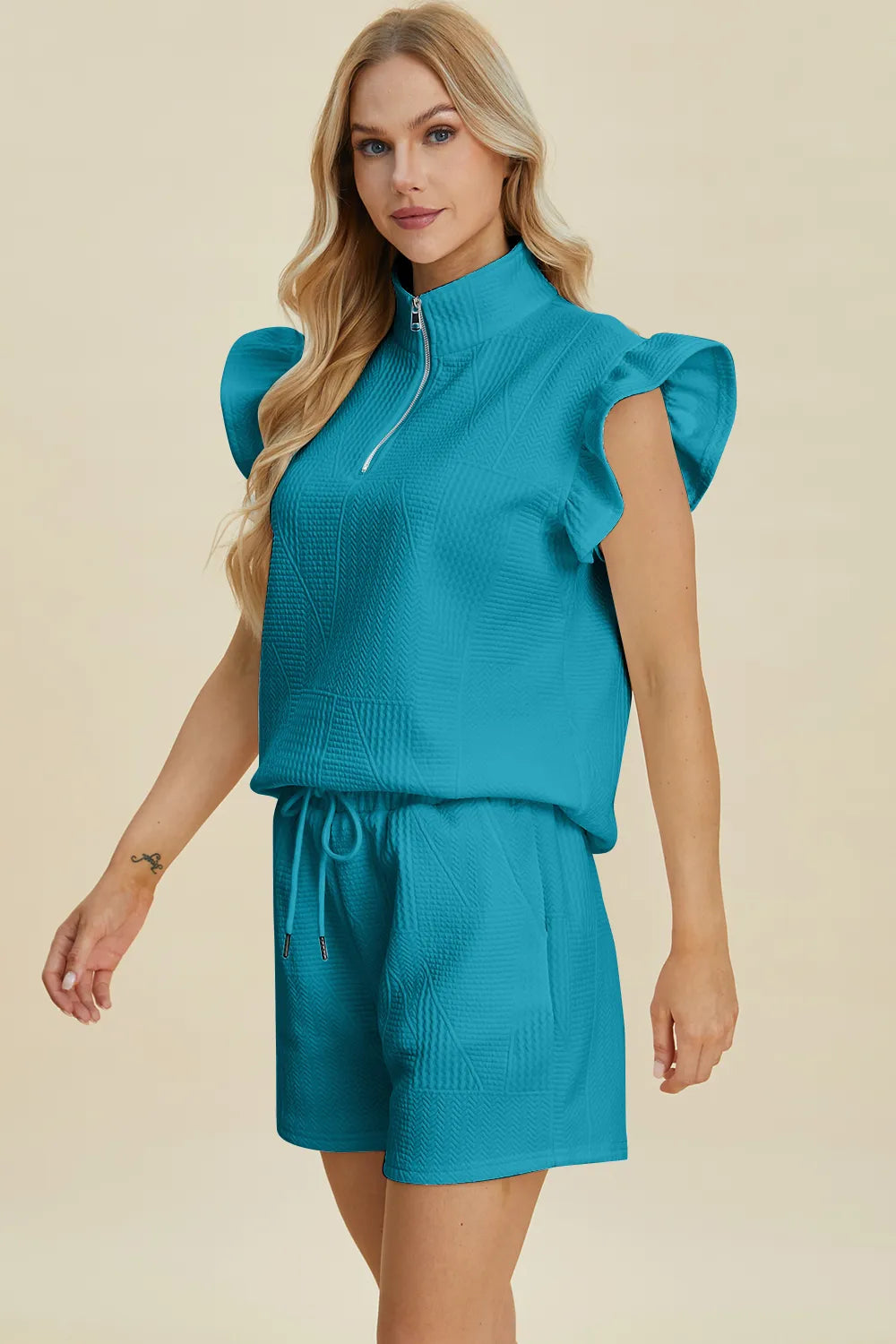 Double Take Texture Flounce Sleeve Top and Shorts Set, view 26