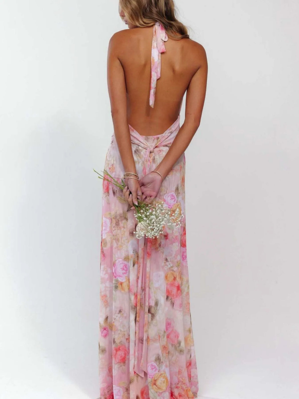 floral halter deep v maxi dress full length view