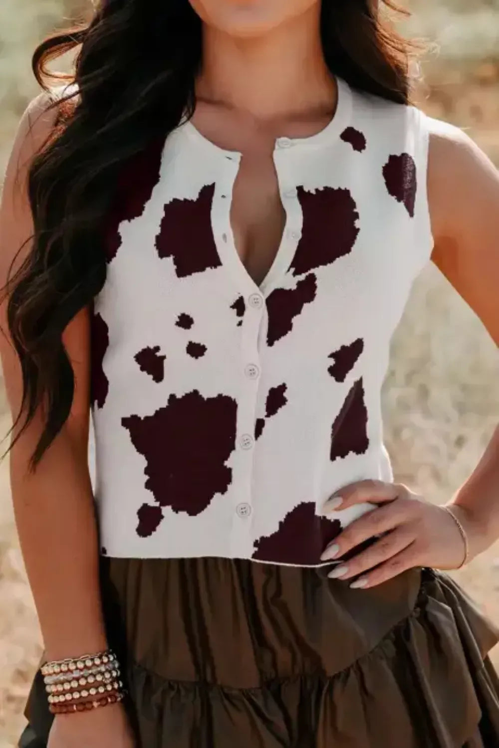 Cow print knit vest with button front