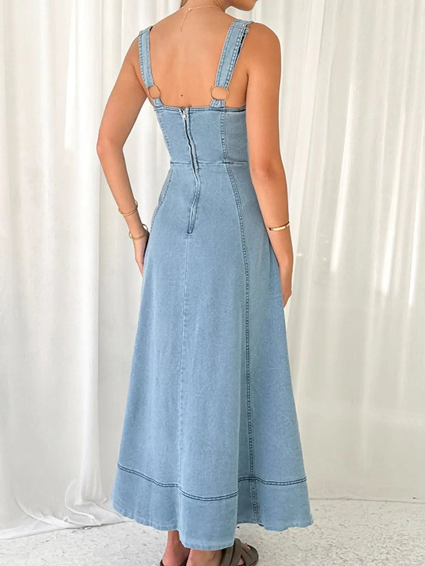 Wide Strap Sweetheart Neck Denim Dress - Fashorio