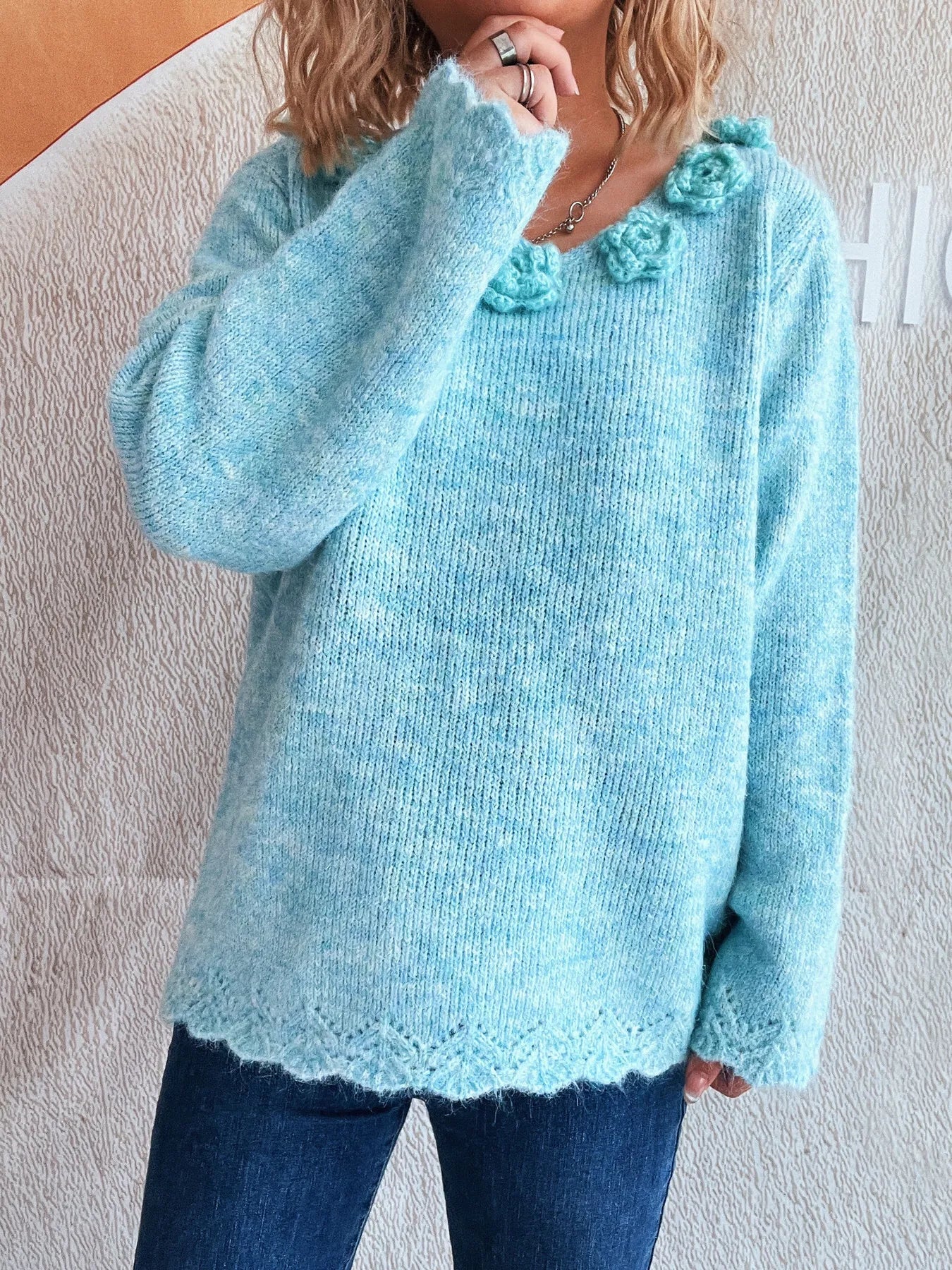 Flower V-Neck Long Sleeve Sweater - Fashorio