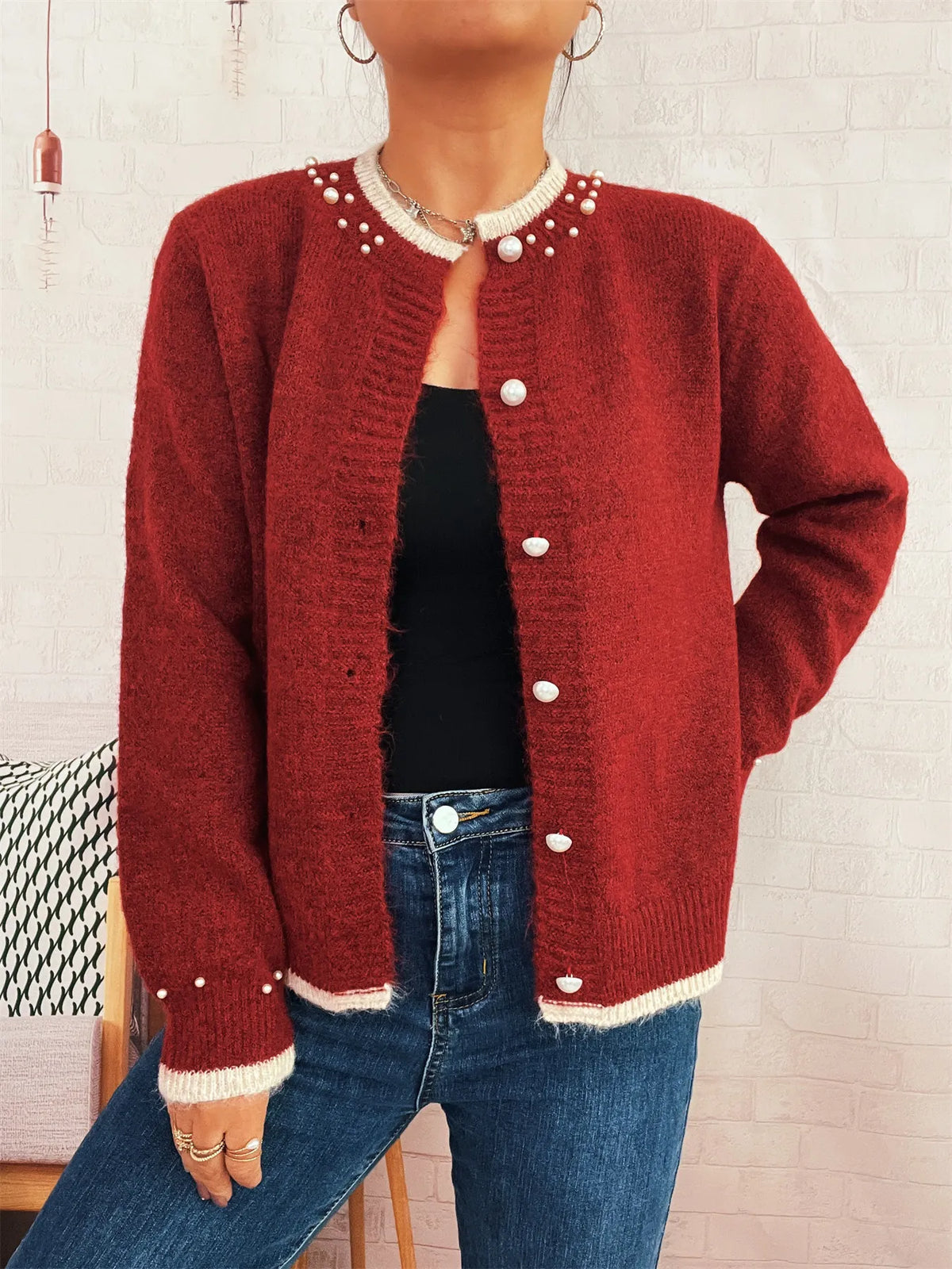 pearl button front ribbed cardigan styling detail