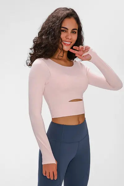 Millennia Long Sleeve Cropped Top With Sports Strap Pink - Fashorio
