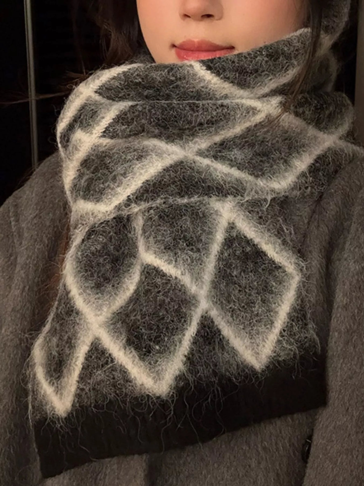 Diamond pattern fuzzy knit scarf folded detail