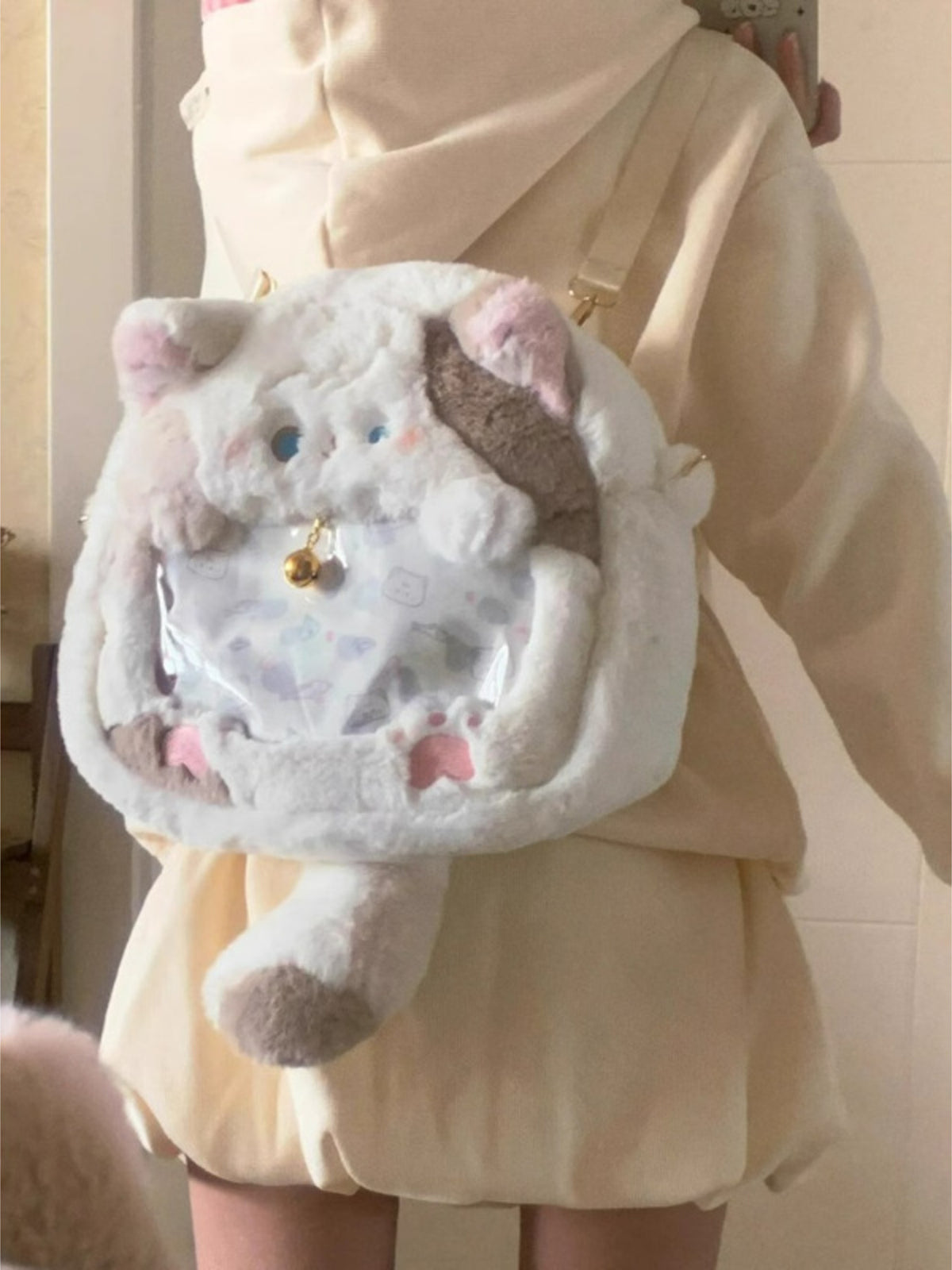 White cat backpack back and strap detail
