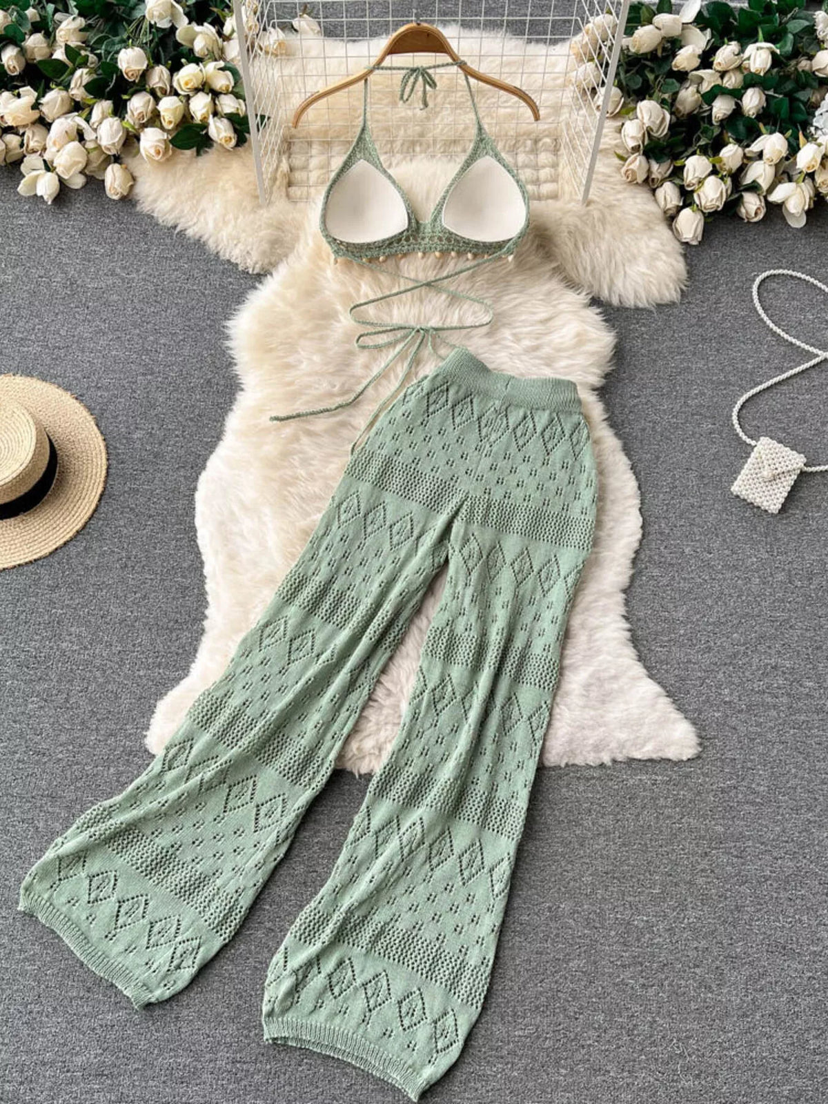 Crochet halter set styled for vacation