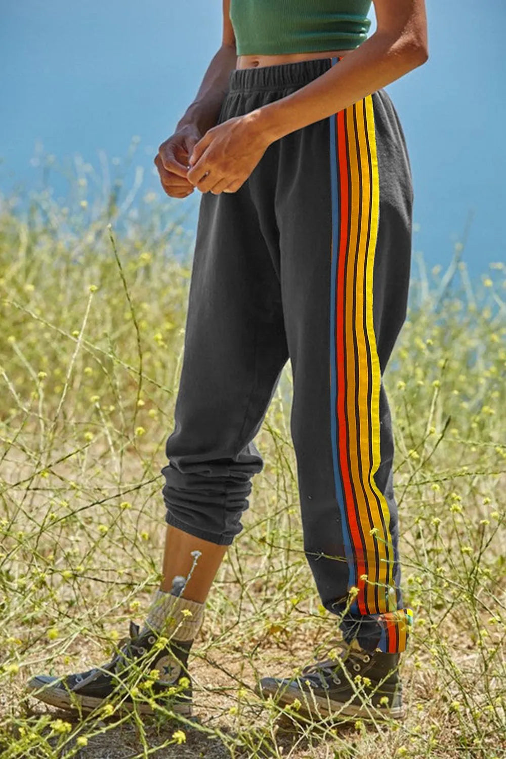 Contrast Striped Elastic Waist Active Pants Gray - Fashorio