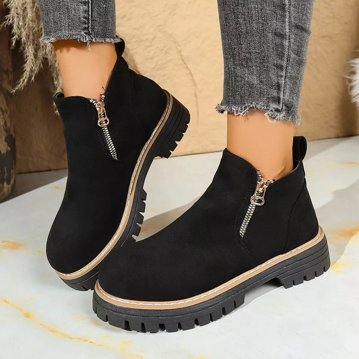 Suede round toe platform boots side profile