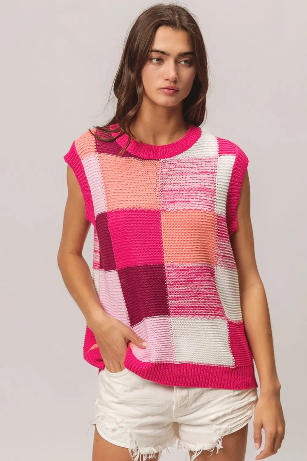 Color Block Round Neck Sweater Vest in Fuchsia side view