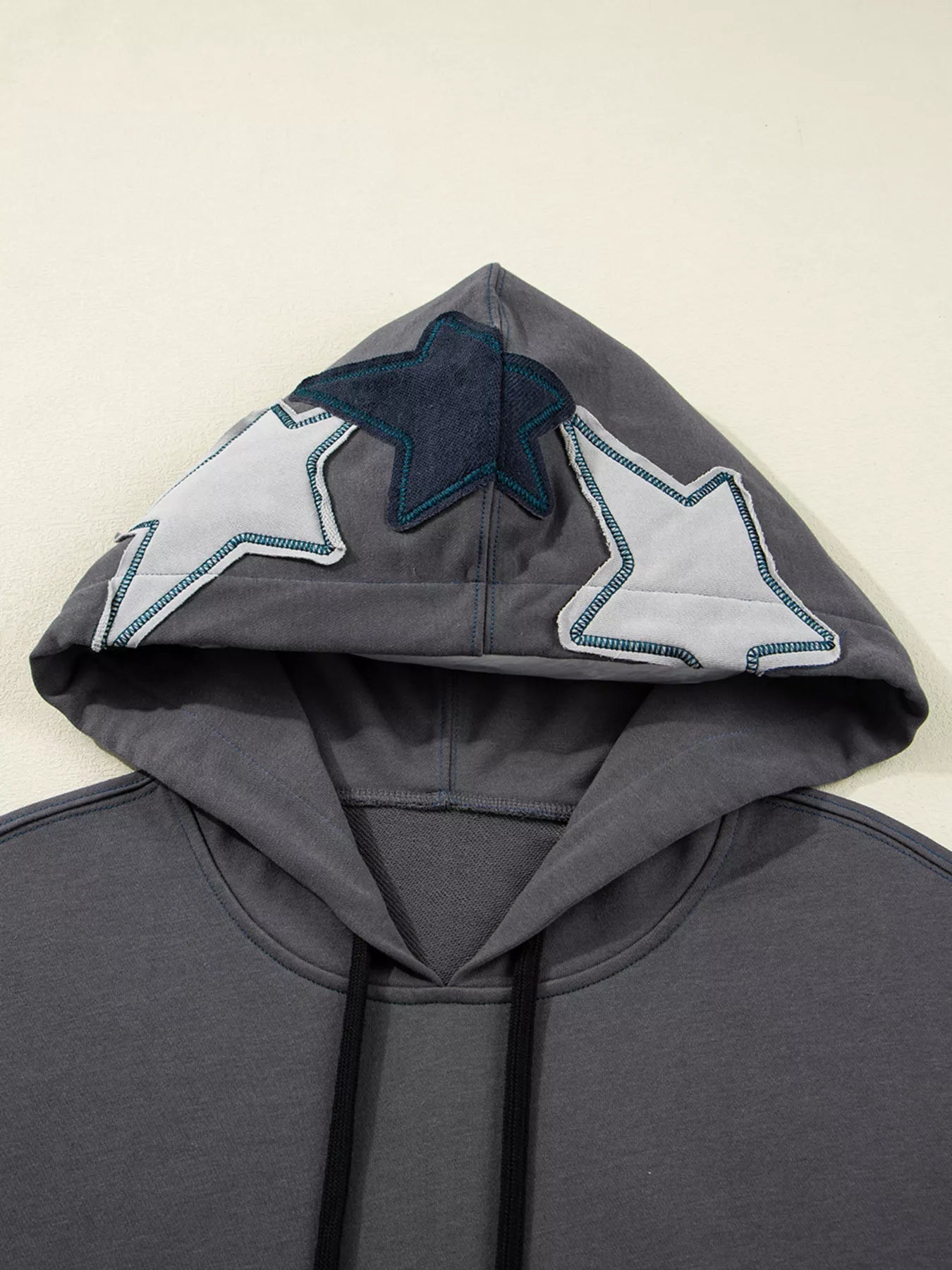 Star Patchwork Contrast Stitching Mineral Wash Kangaroo Pocket Hoodie - Fashorio