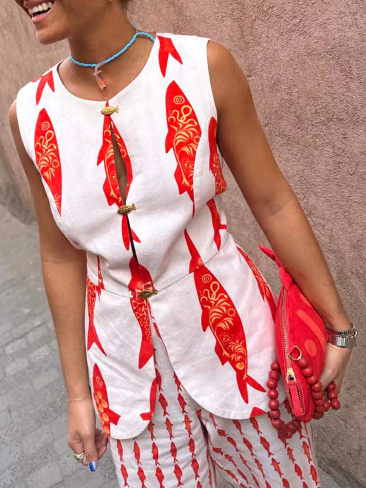 Fish print sleeveless top and pants set front view