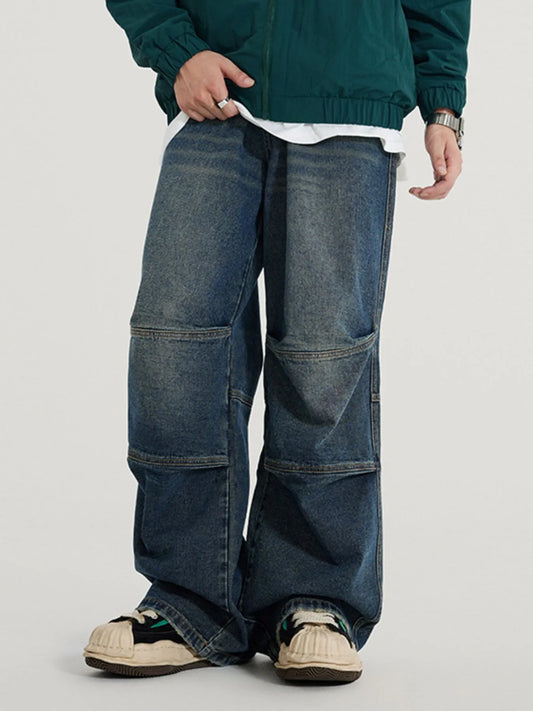 Men's Vintage Wide Leg Utility Jeans with Multi-Panel Design Retro Blue - Fashorio