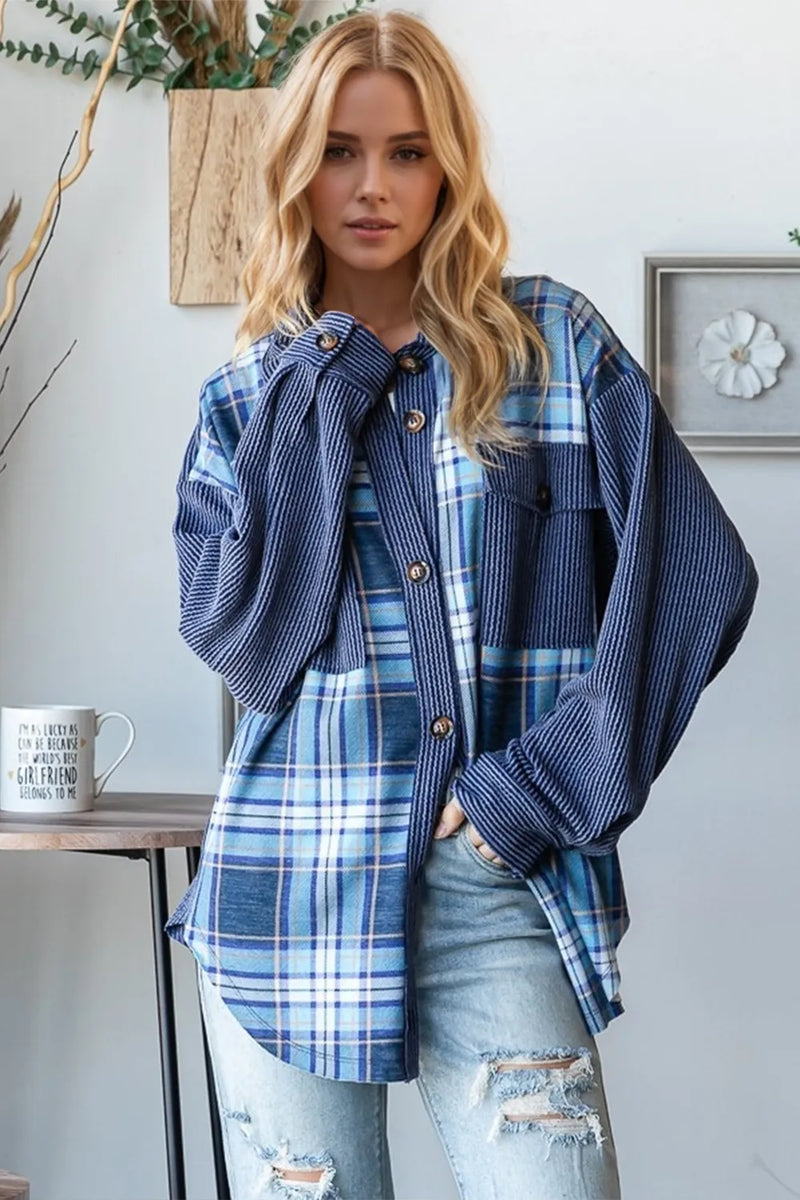 Plaid button up long sleeve shacket front view