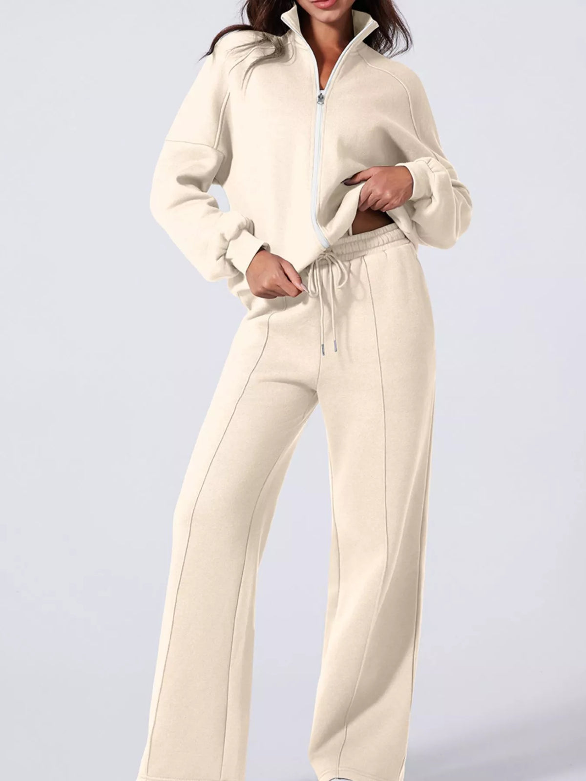 Drop Shoulder Zip Up Jacket and Drawstring Pants Active 2pcs Set detail