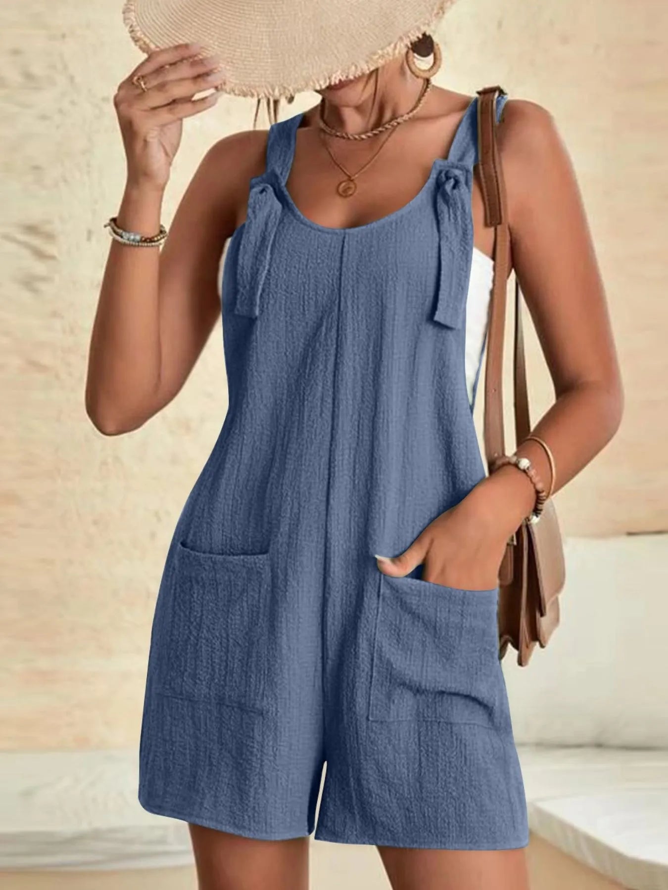 Full Size Knot Strap Romper with Pockets Plus Size Dusty Blue - Fashorio