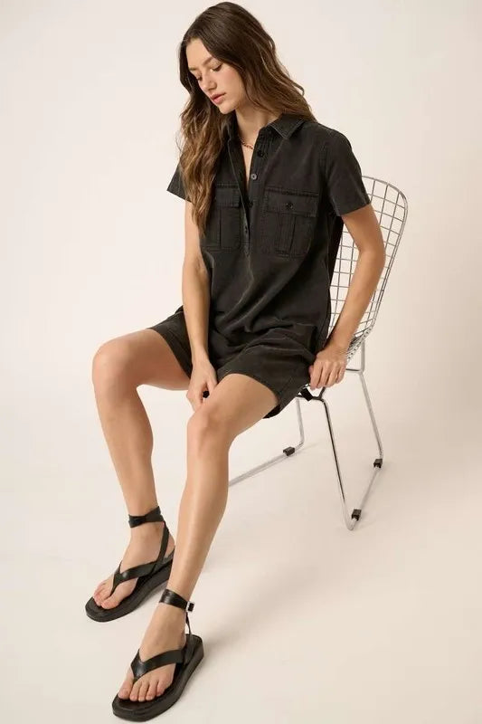 Button Detail Collared Neck Short Sleeve Shirt Dress back view