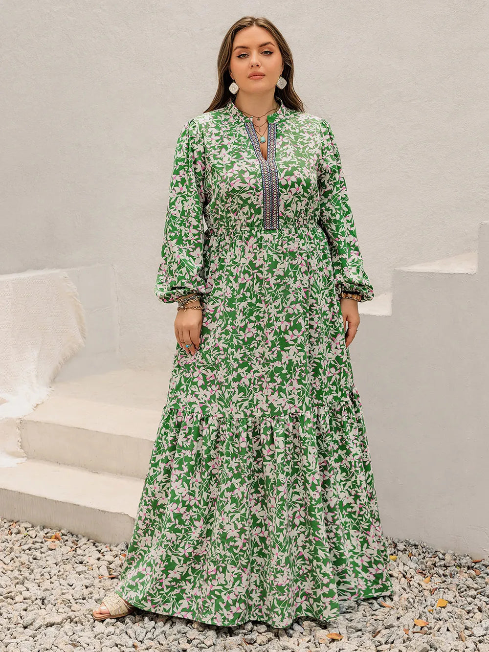 Plus size printed notched neck long sleeve maxi dress back view styled