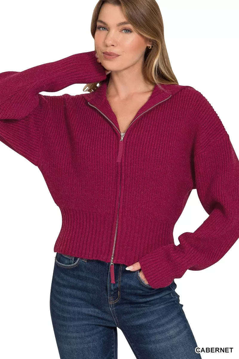 Ribbed Collared Zip Up Cardigan in Cabernet
