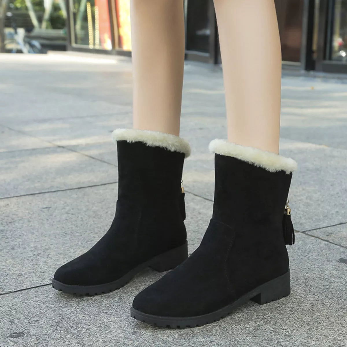 Round toe plush lined suede boots side profile