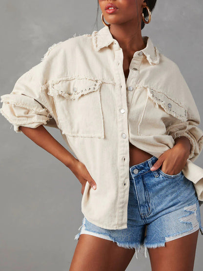 Button Down Raw Hem Denim Jacket - Fashorio