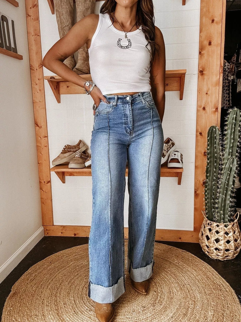 High waist cuffed wide leg jeans front view