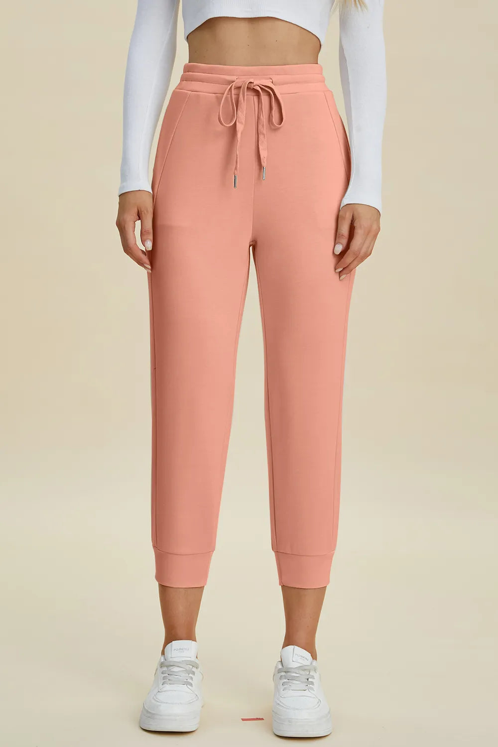 Basic Bae drawstring high waist cropped pants front view