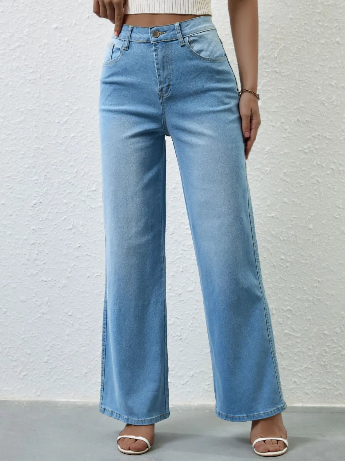 Full length view of flowing wide leg jeans