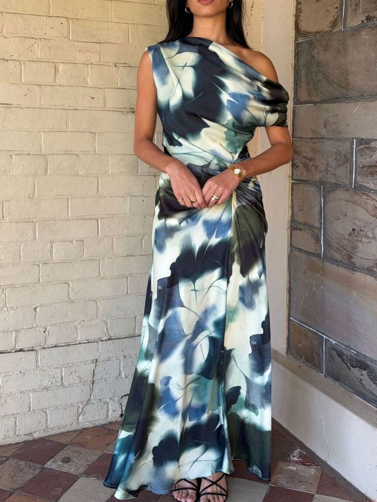 one shoulder floral print maxi dress back view