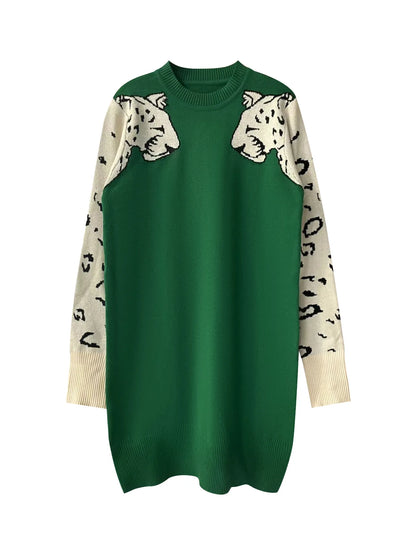 Leopard Round Neck Sweater Dress - Fashorio