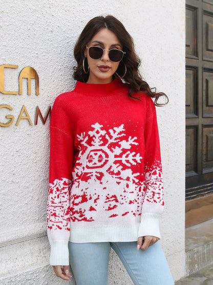 Snowflake Pattern Mock Neck Sweater - Fashorio