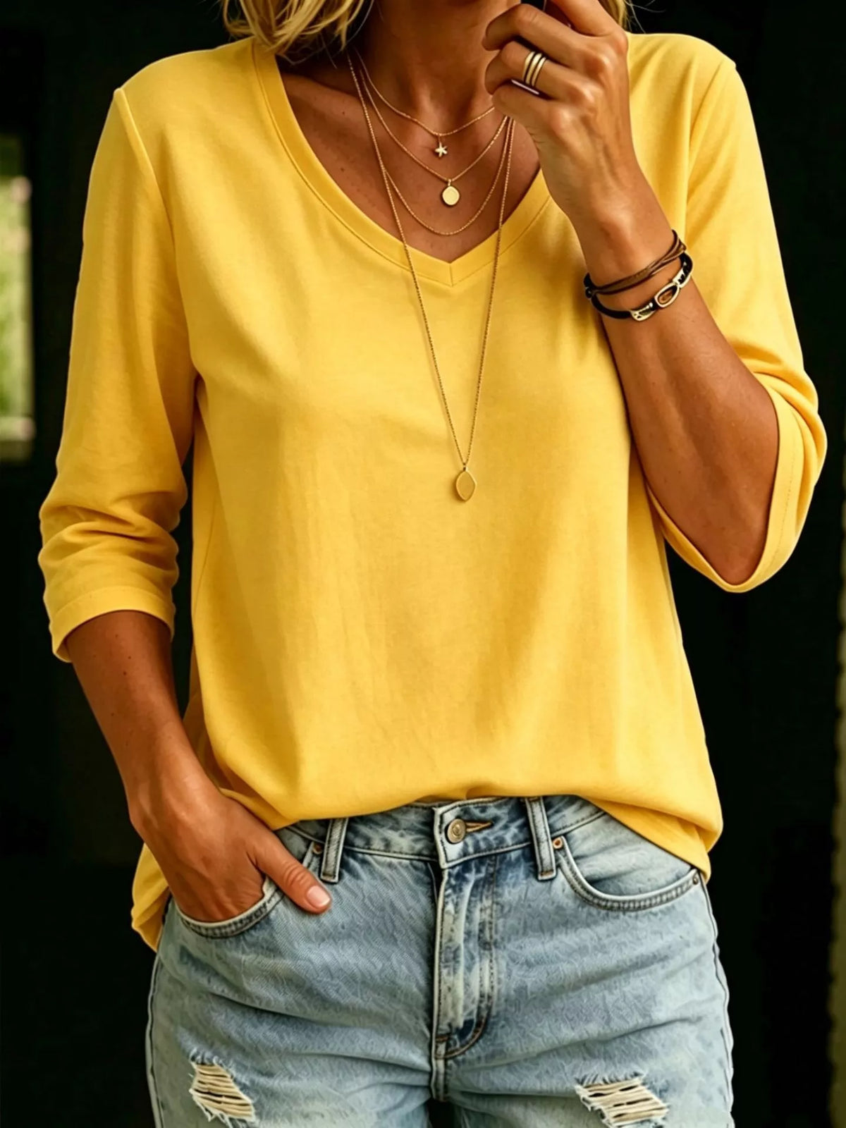 Khaki v neck tee, front view