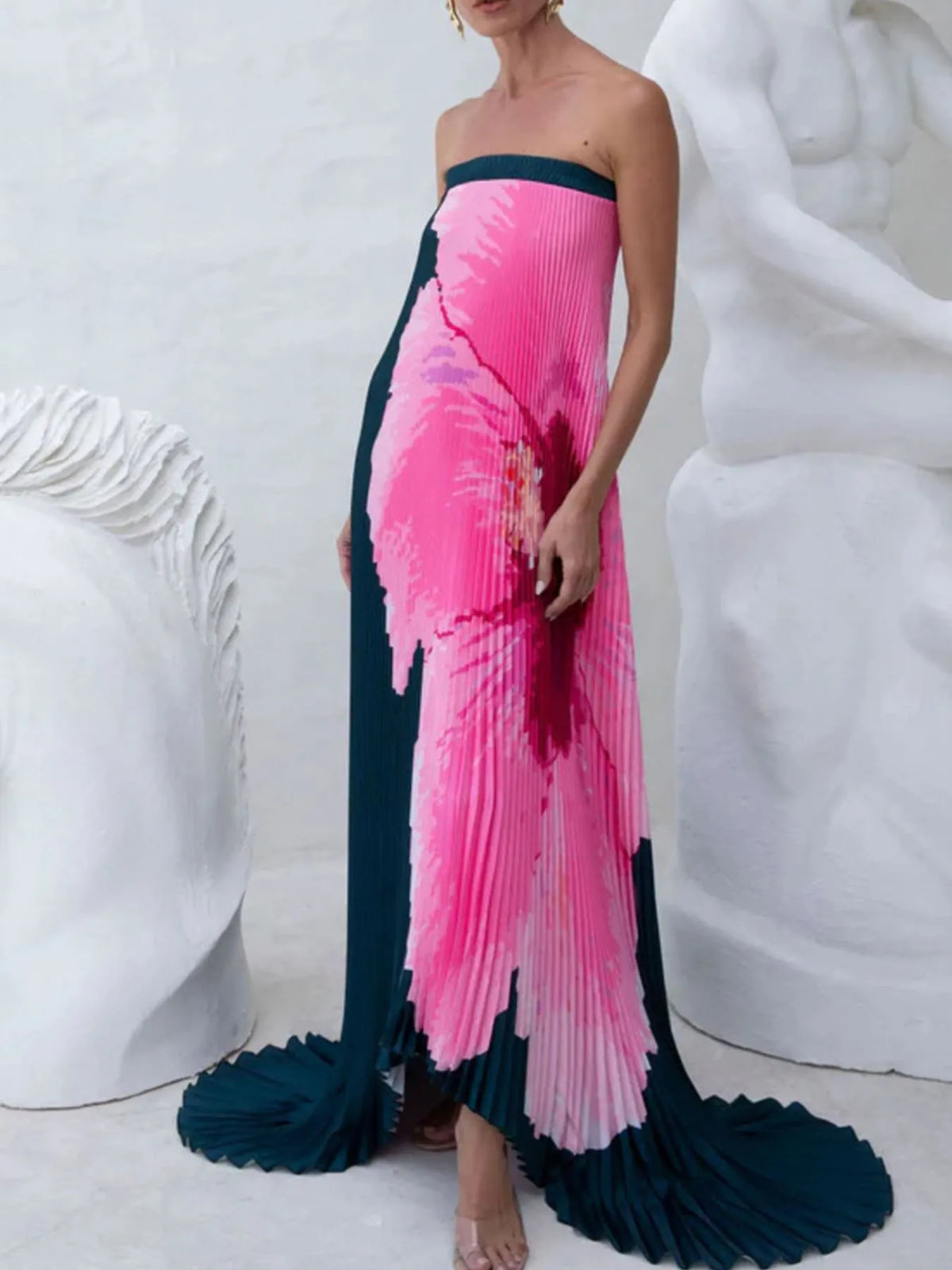 Pleated printed strapless tube floor length dress close up