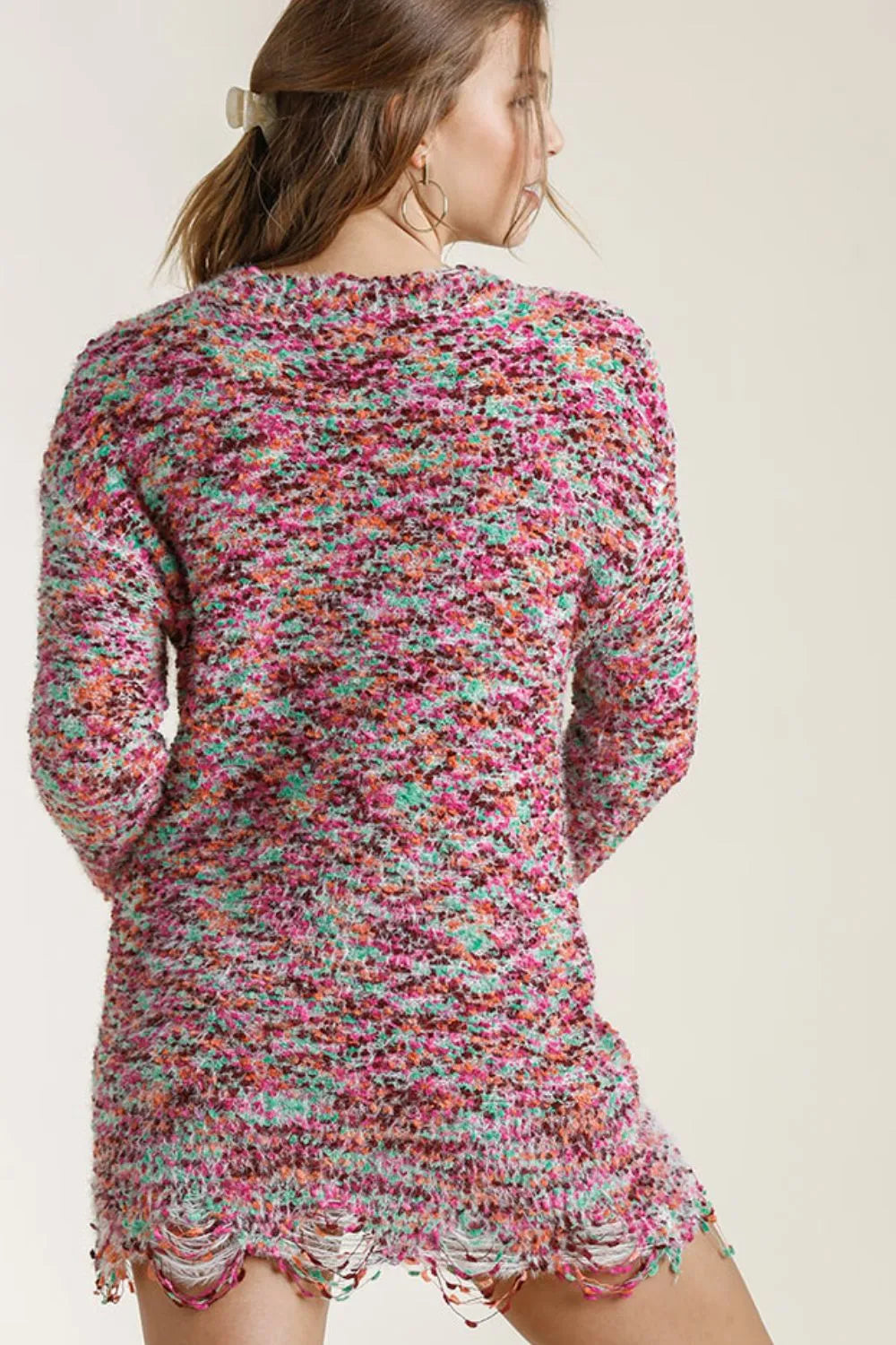 Distressed Hem Multicolored Round Neck Knit Tunic Dress detail
