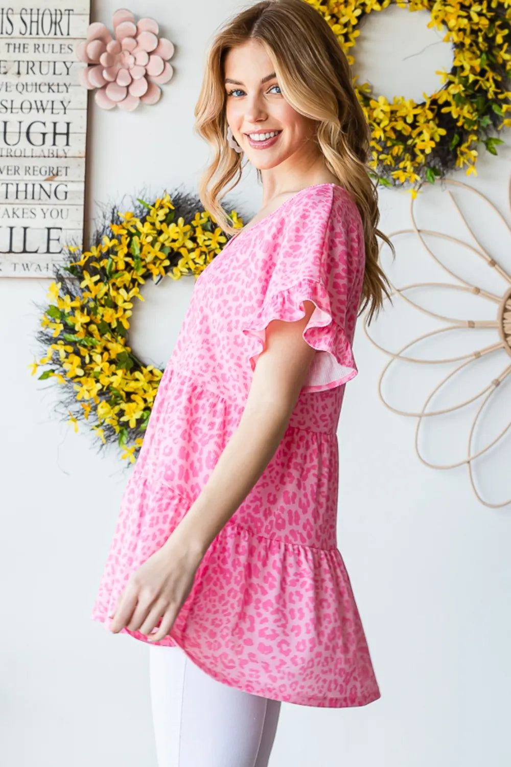 Heimish Full Size Leopard Ruffle Trim Short Sleeve Top - Fashorio