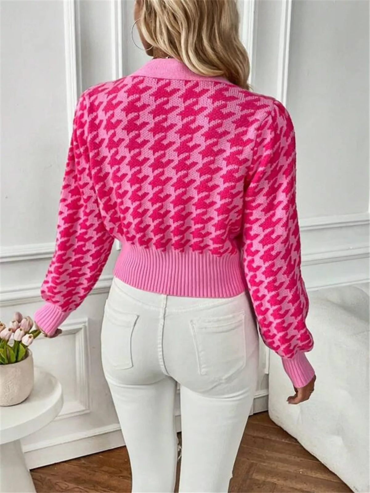 houndstooth v neck button up cardigan full length view