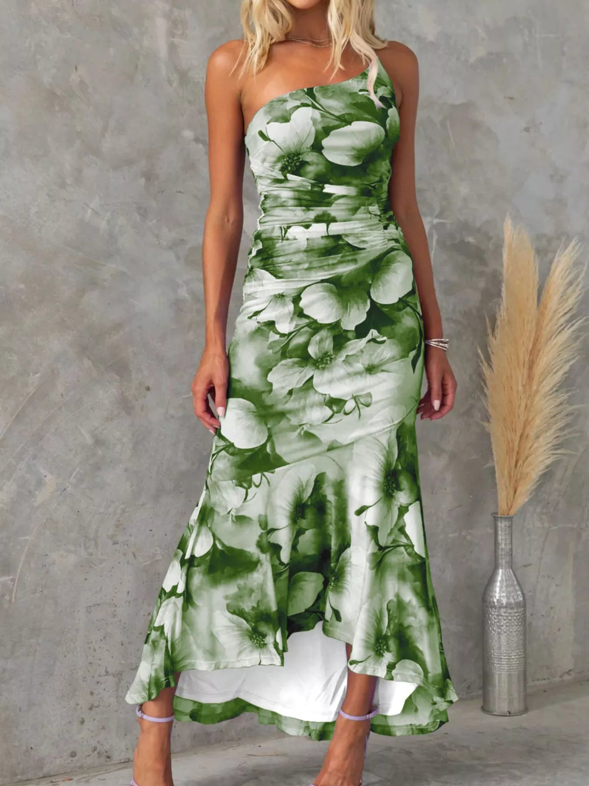 floral one shoulder ruched maxi dress front view