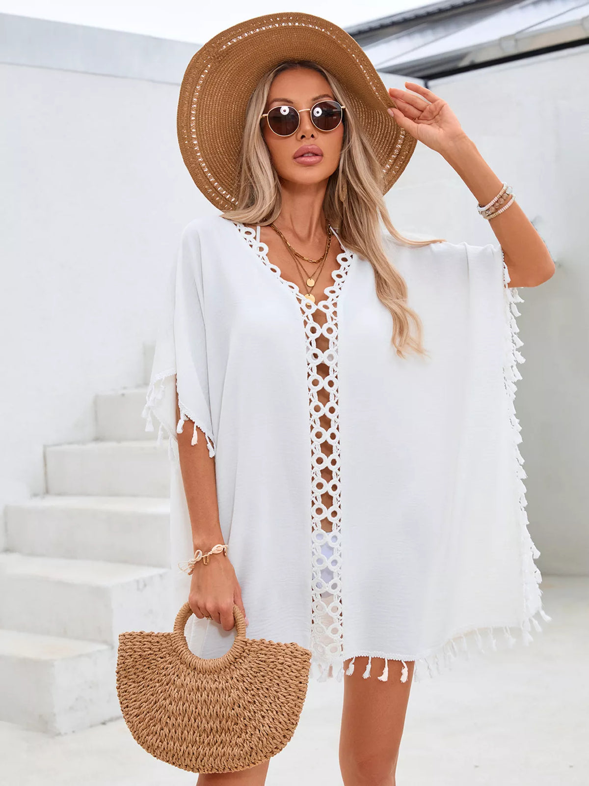 White crochet trim tassel cover up dress on model