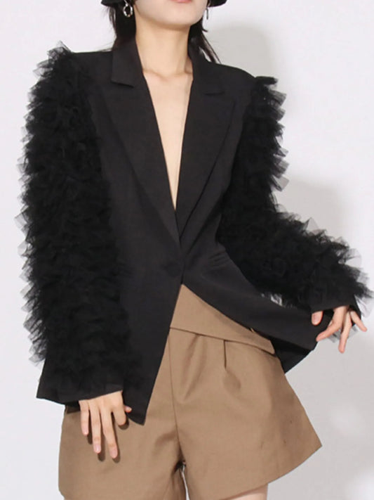 One Button Mesh Long Sleeve Blazer Black - Fashorio