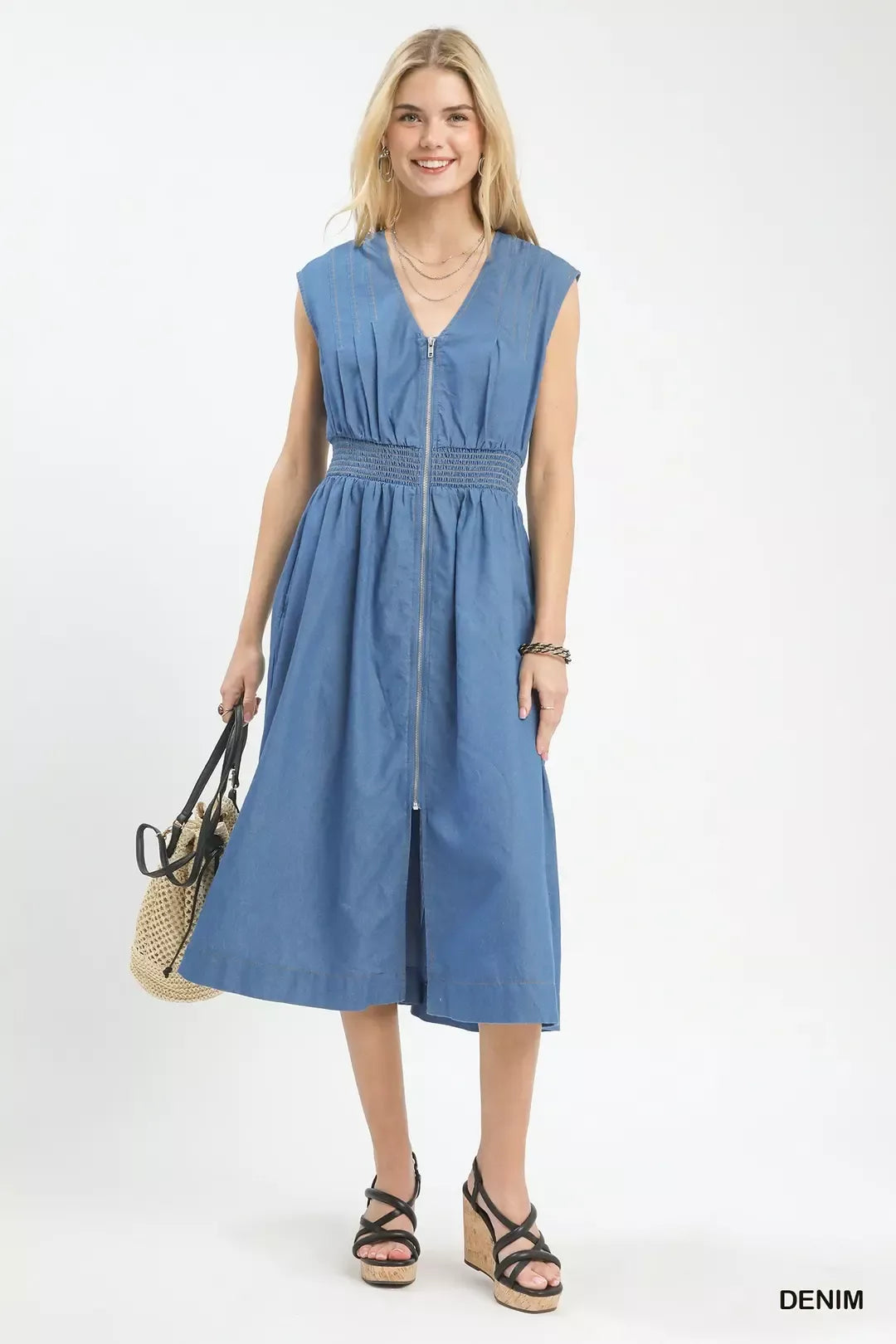 Denim Sleeveless Zip Front Smocked Waist Midi Dress detail