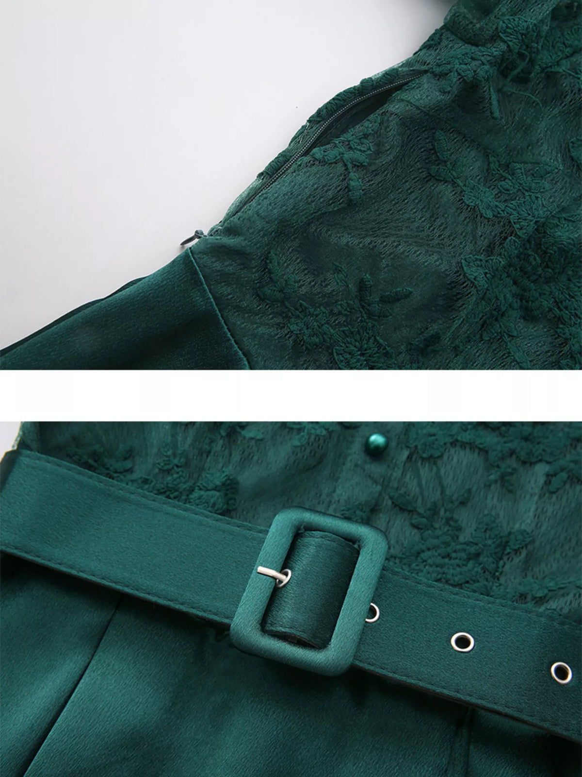 Brocade lace lantern sleeve belted maxi dress in green lace and pearl button close view
